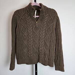 Leo and Nicole Cable Knit Heavy Quarter Zip Sweater Brown Fisherman Style Medium